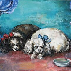 H.W Scott Oil on Board “Two Spaniels and Their Water Bowl”