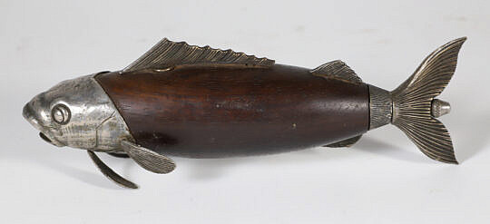 Gilt Metal and Wood Fish Pepper Mill