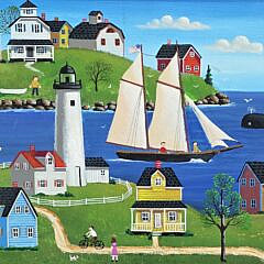 Vintage Steve Klein American Folk Art Oil on Artist Board, “Seaside Light”, Painting