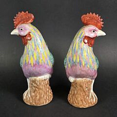 Pair of Vintage Chinese Export Style Famille Rose Figural Roosters, 20th century