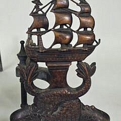 Pair of Scarce Antique Bronze Double Dolphin and Clipper Ship Nautical Andirons, circa 1920s