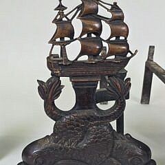 Pair of Scarce Antique Bronze Double Dolphin and Clipper Ship Nautical Andirons, circa 1920s