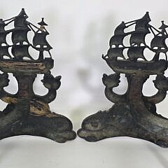Pair of Scarce Antique Bronze Double Dolphin and Clipper Ship Nautical Andirons, circa 1920s