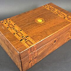 Antique Multiwood Inlaid Traveling Lap Desk Box, 19th century