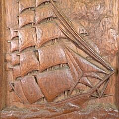 Vintage English Oak Relief Carved Nautical Clipper Ship Hanging Wall Plaque, 20th century