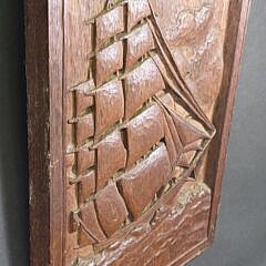 Vintage English Oak Relief Carved Nautical Clipper Ship Hanging Wall Plaque, 20th century
