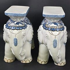 Pair of Vintage White Glazed Figural Ceramic Chinese Royal Elephant Garden Stools, 20th Century