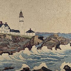 Extraordinary Pictorial Cliffside Lighthouse Hand Hooked Rug Carpet, 20th century