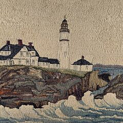 Extraordinary Pictorial Cliffside Lighthouse Hand Hooked Rug Carpet, 20th century