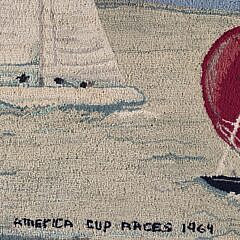 Vintage Pictorial Americas Cup Race Hand Hooked Rug Carpet, 20th century