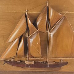 Vintage Carved Wood Two Masted Sailboat Shadowbox Diorama, 20th century