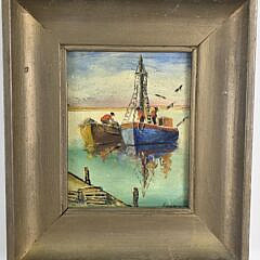Vintage Godfrey Miniature Oil on Board Harbor Wharf Painting, 20th century