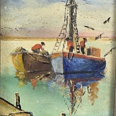 Vintage Godfrey Miniature Oil on Board Harbor Wharf Painting, 20th century