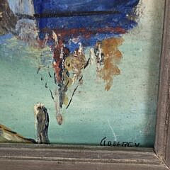Vintage Godfrey Miniature Oil on Board Harbor Wharf Painting, 20th century