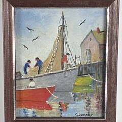 Vintage Godfrey Miniature Oil on Board Harbor Wharf Painting, 20th century