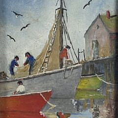 Vintage Godfrey Miniature Oil on Board Harbor Wharf Painting, 20th century