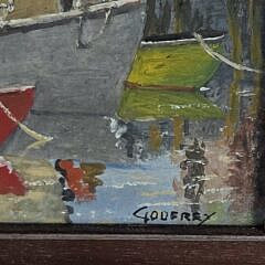 Vintage Godfrey Miniature Oil on Board Harbor Wharf Painting, 20th century