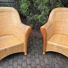 Pair of Coastal Rattan Open Arm Club Chairs