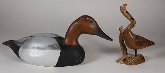 Jean Charles Berruet Carved and Painted Duck Decoy and Al Silva Carved Bird on Drift Wood