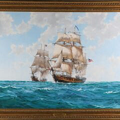 Barry Mason Oil on Canvas "The Bow Shot H.M.S. Reindeer Engaging U.S.S. Wasp"