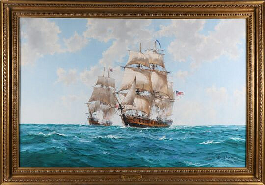 Barry Mason Oil on Canvas "The Bow Shot H.M.S. Reindeer Engaging U.S.S. Wasp"