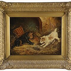William Bright Morris Oil Painting "Two Dogs and Mouse Trap"