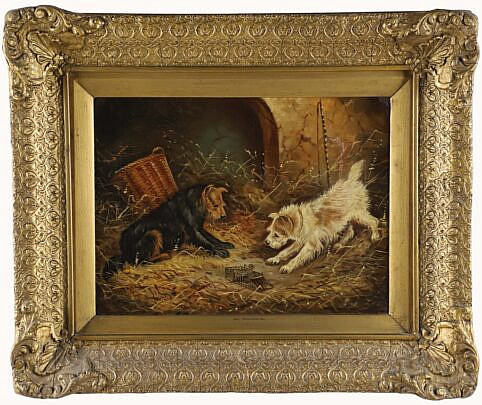 William Bright Morris Oil Painting "Two Dogs and Mouse Trap"