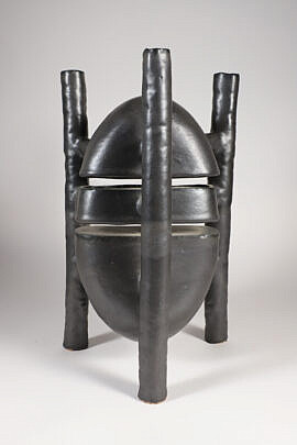 Abstract, Dark Metallic-Glazed "Tri-Pipe" Ceramic Modern Studio Art Pottery Sculpture