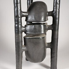Abstract, Dark Metallic-Glazed “Tri-Pipe” Ceramic Modern Studio Art Pottery Sculpture