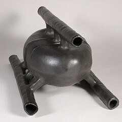 Abstract, Dark Metallic-Glazed “Tri-Pipe” Ceramic Modern Studio Art Pottery Sculpture