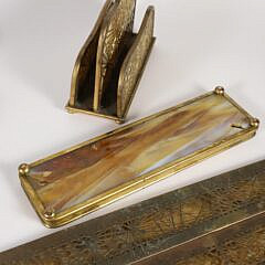 Tiffany Studio New York “Pine Needle” Pattern Gilt Bronze and Favrile Slag Glass Desk Set Collection
