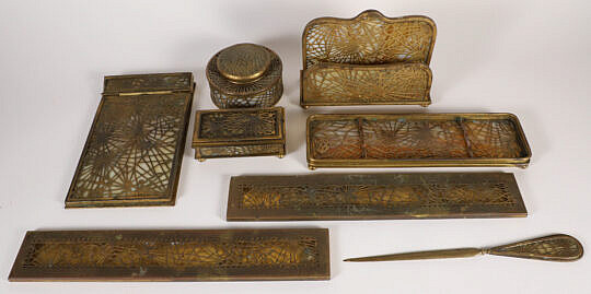Tiffany Studio New York "Pine Needle" Pattern Gilt Bronze and Favrile Slag Glass Desk Set Collection