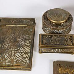 Tiffany Studio New York “Pine Needle” Pattern Gilt Bronze and Favrile Slag Glass Desk Set Collection