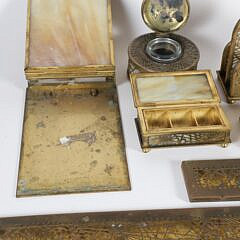 Tiffany Studio New York “Pine Needle” Pattern Gilt Bronze and Favrile Slag Glass Desk Set Collection