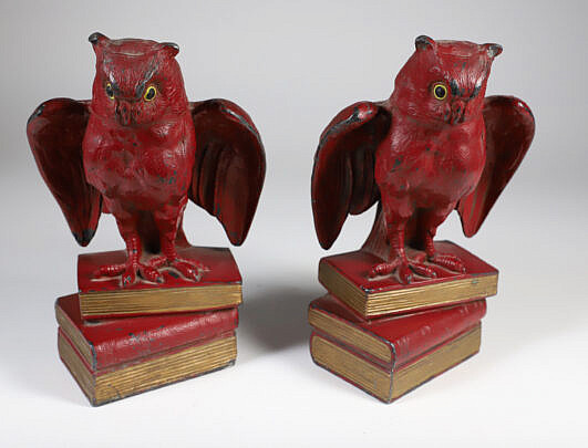 Pair Vintage Pot Metal Polychromed Owl on Books Bookends