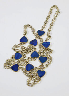 14k Yellow Gold Sweet Hearts Lapis Lazuli Necklace with 10 Heart Motifs