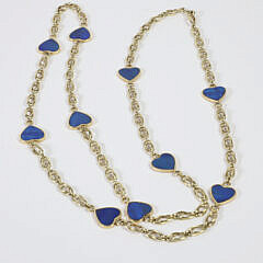 14k Yellow Gold Sweet Hearts Lapis Lazuli Necklace with 10 Heart Motifs