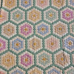 Vintage American Green and White Grandmother’s Flower Garden Patchwork Quilt