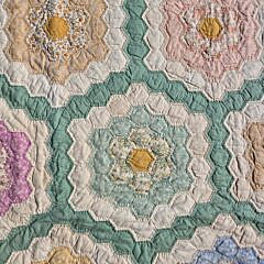 Vintage American Green and White Grandmother’s Flower Garden Patchwork Quilt
