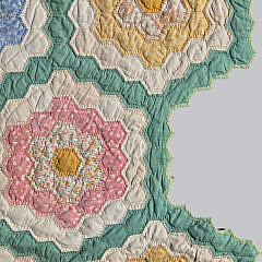 Vintage American Green and White Grandmother’s Flower Garden Patchwork Quilt