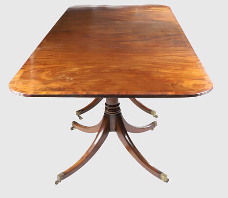 Antique English Cross Banded Mahogany Triple Pedestal Dining Table, 19th Century