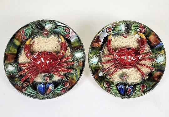 Pair of Antique Portuguese Palissy Ware Majolica Crab Plates