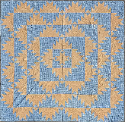 Antique Blue and Orange Saw Tooth Diamond Patchwork Quilt