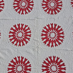 American Antique Red and White Mariner’s Compass or Sunburst Design Patchwork Quilt