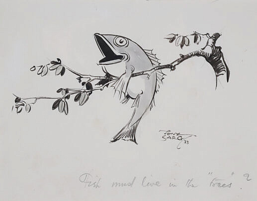 Tony Sarg Watercolor "Fish Must Live in Trees"