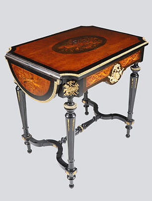 Antique French Napoleon III Style Marquetry Drop Side One Drawer Table, 19th Century