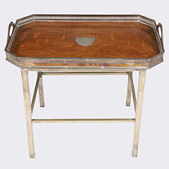 Sheffield Silver Plated & Oak Gallery Tray On Custom Silver Plated Stand