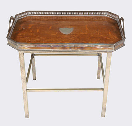 Sheffield Silver Plated & Oak Gallery Tray On Custom Silver Plated Stand