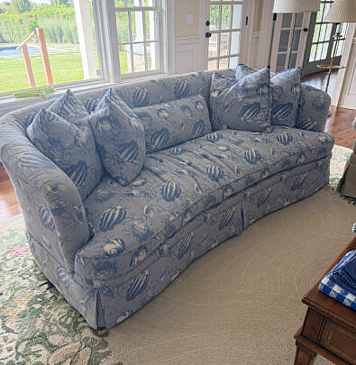 Pair of Blue and White Sea Shell Upholstered Sofas