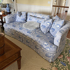 Pair of Blue and White Sea Shell Upholstered Sofas